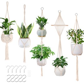beanicus Macrame Hanging Basket, Pack of 5, Hanger for Indoor Outdoor Ceiling with 5 Hooks, Boho Decorative Cotton Rope Hanging Basket, Flower Pot, Hanging Flower Pot