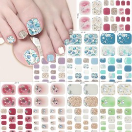 8 Sheets Toe Nail Wraps Semi Cured Gel Toe Nail Strips Glitter Foil Nail Strips Stickers Self-Adhesive Flower Toe Nail Polish Strips Designs Lines Rhinestones Nail Polish Stickers for Nail Decoration