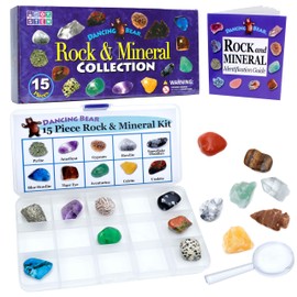 DANCING BEAR -15 Pc Rock & Mineral Collection with Collector Box/Display Case, ID Sheet, Rock Book, Magnifying Glass, Beginner Starter Set, Kids' Gemstone Crystal Kit, STEM Geology Science Education