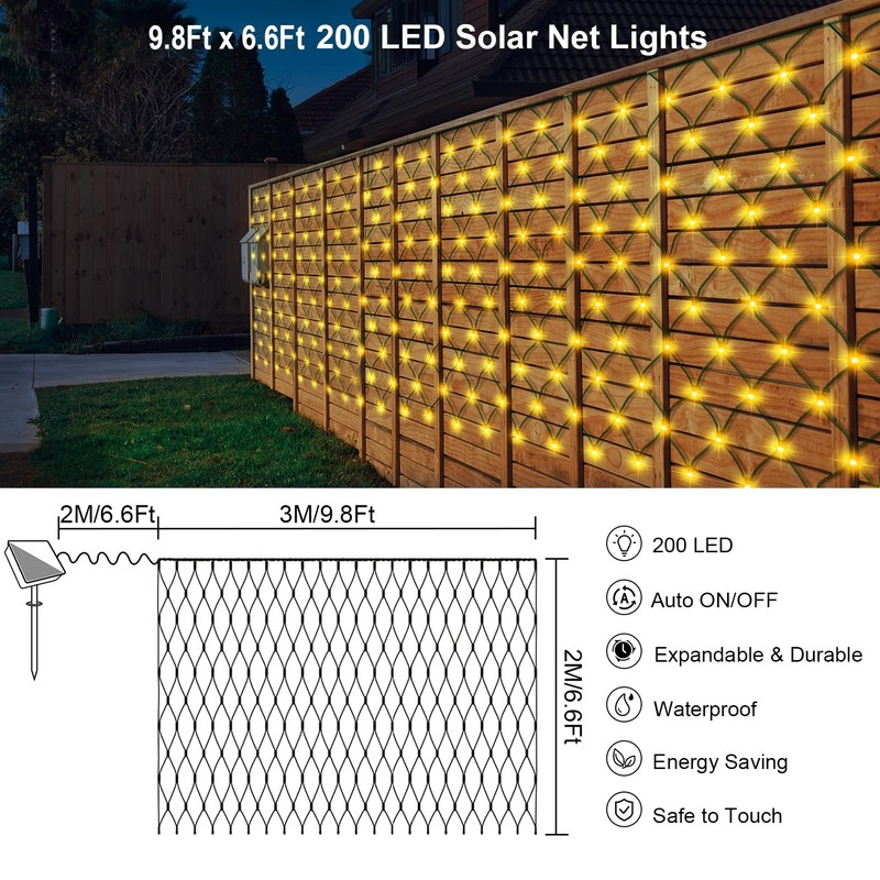 Solar LED Net Lights 9.8 x 6.6Ft, 200 LEDs Net