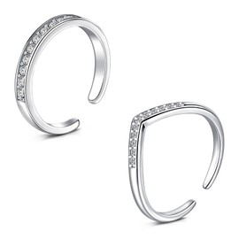 WillTen 2Pcs Silver Toe Ring Stainless Steel Adjustable Bend Open Toe Ring, Flower Arrow Leaf CZ Toe Finger Tail Ring Summer Beach Foot Jewelry Set for Women Men