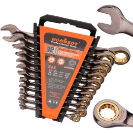 HORUSDY 12-Piece SAE Ratcheting Wrench Set | 1/4” to 7/8“ | Ratchet Combination Wrenches Set with Organizer | 72-Teeth | Chrome Vanadium Steel
