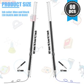 0.7 mm Retractable Pen Refills Replacement Ballpoint Pen Refills Black And Blue Ink Pen Refills for Retractable Pens Office School Supplies, 107 mm in Length (60 Pieces)