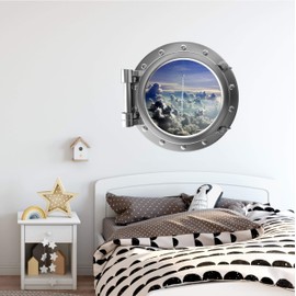 24" PortScape Wall Decal Space Porthole Space Shuttle Takeoff 3D Window Removable Wall Sticker Space Ship in Clouds Outer Space Mission NASA Boys Room Decor