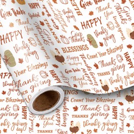 LeZakaa Thanksgiving Wrapping Paper Roll, Orange Pumpkin Turkey, Give Thanks Text Heartfelt Design for Thanksgiving Day, Gratitude Appreciation, Mini Roll, 17 inches x 16.4 Feet
