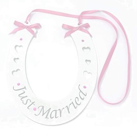 Wedding Touches Rustic Elegant Just Married White Wooden Horseshoe Decorative Item with Pink Diamanté Crystals & Ribbon, Approx 15cm x 18cm