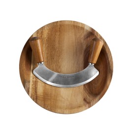 Cole & Mason H722130 Ashden Mezzaluna and Round Chopping Board Set, Herb Chopper Rocker/Fresh Herb Cutter/Serving Board, Acacia Wood/Stainless Steel, Not Suitable for The Dishwasher