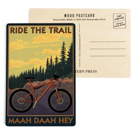 North Dakota, Ride the Trail, Mountain Bike Scene (4x6 Birch Wood Postcards, 2-Pack Stationary, Rustic Home Wall Decor)