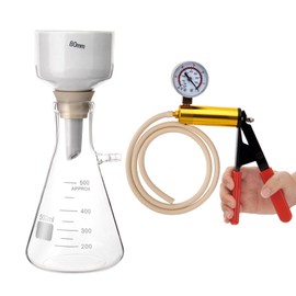 FOUR E'S SCIENTIFIC 500mL Buchner Funnel Filtering Kit with Hand-held Vacuum Pump, 500mL Lab Vacuum Flask, 100 Pcs Filter Paper, Rubber Stoppers Set
