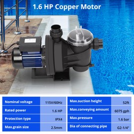 1.6HP Pool Pump In/Above Ground Water Pump Single Speed, 1200W/115V, 6075GPH & High Flow, Powerful Primming Swimming Pool Pumps with Filter Basket, Low Noise for Family