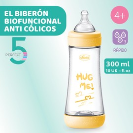 Chicco Perfect 5 Biberones Anticólicos con Tetina de Silicona de Flujo Rápido para Bebés 4 Meses, Biofuncional con Sistema Intuiflow, Color Amarillo, 300 ml