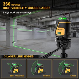 PREXISO 360 Laser Level with Tripod - IP54 Rechargeable Wide Angle Vertical Line Laser, 100Ft Green 3 Brightness Adjustment Self Leveling Cross Line for Construction, Floor Tile, Renovation