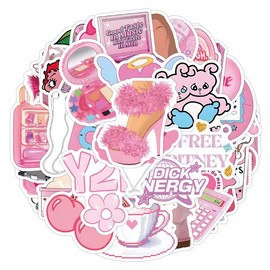 100pcs Cute Pink Y2K Stickers, Vinyl Waterproof Aesthetic Cyber Trend Stickers for Girls Teens, Cool Punk Decals for Laptop, Guitar, Water Bottle, Mobile Phones