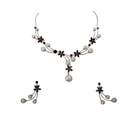 Faship Gorgeous Clear CZ Crystal Shell Pearls Floral Necklace Earrings Set - Black