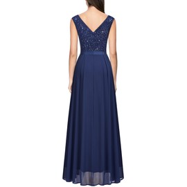 Miusol Women's Sexy Deep V-Neck Sequin Lace Double Sleeveless Evening Party Maxi Dress (Small, Navy Blue)