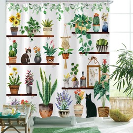 Yeoiat Plants Cat Shower Curtain Cute Shower Curtain for Bathroom with 12 Hooks Polyester Fabric Waterproof Shower Curtain for Bathroom Decoration (White, 72"x72")