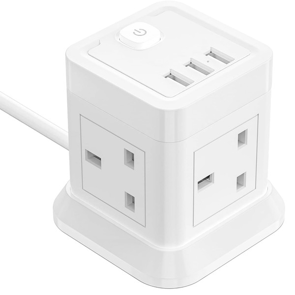 Cube Extension Lead with 4 USB Slots, BEVA 4 Way (13A/3250W) Multi Plug Extension Cords with Child Safety UK Desktop Power Extension Socket, 1.5M Extension Cable for Home Dorm Office Travel, White