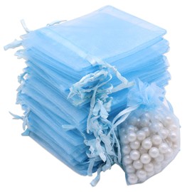 Leeyunbee Pack of 100 Light Blue Organza Bags 7 x 9 cm Organza Bags Gift Jewellery Wedding Candy Bags for Festival Party and Wedding Satin Drawstring