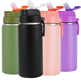 SUPPRUI Insulated Water Bottles,600ml Stainless Steel Water Bottle with Straw,Metal Water Bottle,Double Walled Drink Flasks Leakproof Keep Drinks Hot Cold(Black)