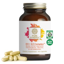 PURE SYNERGY D3 + K2 Complex | Vegan Vitamin D3 K2 Complex | Organic D3 Supplement with Vitamin K2 and K1 Plus Organic Whole Foods | Supports Bone, Brain, and Immune Health (60 Capsules)