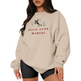 MAPICK Oversized Sweatshirts for Women Vintage Embroidered Hold Your Horse Sweaters Music Festival Cowboys Casual Tops(Light Khaki,Large)