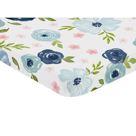 Sweet Jojo Designs Navy Blue and Pink Watercolor Floral Girl Fitted Mini Crib Sheet Baby Nursery for Portable Crib or Pack and Play - Blush, Green and White Shabby Chic Rose Flower