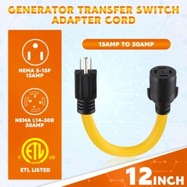 Tellegloww Adapter Cord Compatible with NEMA 5-15P to L14-30R, Generator Transfer Switch, Generator House Inlet Box Adapter, 15Amp 3Prong Male to 30Amp 4Prong Locking Female, 10 AWG, 1FT