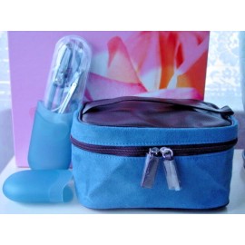 Lancome 7pc Faux Suede Makeup Train Case Cosmetic Bag & Manicure Set