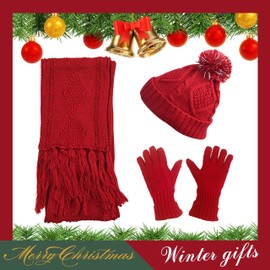 Hat Gloves Scarf Set for Women, Winter Beanie Warm Knit Pom Hat Touch Screen Glove Long Scarf 3pcs Winter Gift Set for Women