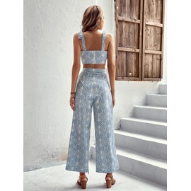 Floerns - Conjunto de 2 piezas para mujer, estilo bohemio, floral, sin mangas, pantalones de pierna ancha, conjuntos de día festivo, color azul claro, Azul/claro, M