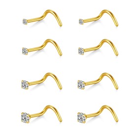 AceFun Nose Piercing, 8 Pieces 20G 22G Nose Piercing Stud Stud Nose Stud L Shaped Stainless Steel Diamond Small Nose Stud for Women Men Corkscrew Nose Rings Nose Piercing Bolt Screw, Stainless Steel