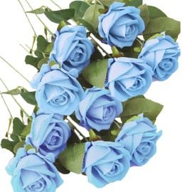 WENSINL 10 Pieces Light Blue Artificial Flowers Blue Rose Flower Fake Roses Bouquet for Valentine's Day Birthday Party Wedding Engagement Home Dinning Table Decoration (Light Blue, 10 PCS)