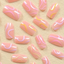 24 Pcs Spring Nude Press on Nails Medium Square - YIHONGYAN Fake Nails Press ons Nail Tips Acrylic Nail Art Kit Glue on Nails Full Cover Colorful Lines Glossy False Nails Stick on Nails for Women