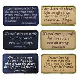 6Pcs Bible Verse Morale Patches, Corinthians 13:7, Proverbs 10:12, John 15:13 Hook & Loop Tactical Bible Patch for Vest Bags Backpacks Clothes (2x3.5 inch)