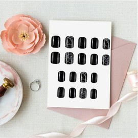 24 Pcs Black Press on Nails Short Square Glossy Fake Nails with Marble Designs Black White Crack False Nails Stick on Nails Full Cover Solid Color Acrylic Nails for Women Girl Manicure Nail Art