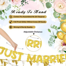 Breling Pre Strung Just Married Banner Glitter Wedding Party Banner No DIY Just Married Sign Wedding Ceremony Decorations for Photo Booth Props Wedding Shower Party Decor (Gold)