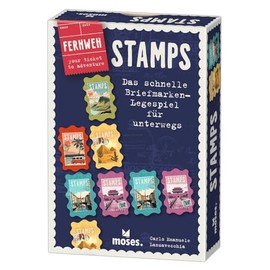 moses. Fernweh Stamps, tactical card game with holiday flair, compact travel game in stamp design for on the go and the next holiday, tile game for adults and children from 8 years