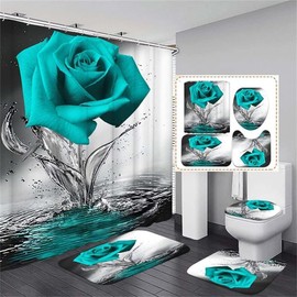 Springgrace Teal Rose Modern Style Floral Shower Curtain Set with Non-Slip Rugs, Bath Mat, Toilet Lid Cover and 12 Strong Hooks for Bathroom, 70.87"W x 70.87"L