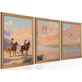 Framed Western Cowboy Canvas Wall Art Set of 3 - Vintage Cowboy Pictures Wall Decor, Rustic Mid Century Southwestern Ranch Landscapes Horse Prints Paintings for Living Room Bedroom 12x16 inch
