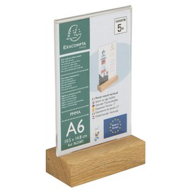 Exacompta 86258D Table Stand with Wooden Base DIN A6 Portrait Format Made of High-Quality Acrylic Can be Used on Both Sides UV Resistant Brochure Sign Flyer Holder Table Sign Brochure Holder