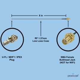 Proxicast Cable de puente coaxial de 8 pulgadas U.FL (IPEX / MHF1) a SMA hembra, ultra baja pérdida 1.37 mm para 4G, LTE, 5G, Bluetooth, ZigBee, 900 MHz, LoRa, GPS, drone, RC y antenas de radio