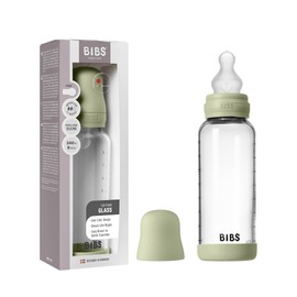 BIBS Baby Glasflasche 240ml, Vermindert Koliken, Runder Sauger aus Silikon, Unterstützt das Stillen. Hergestellt in Dänemark, Complete Set, 240ml - Sage