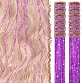 FESHFEN Clip in Hair Tinsel 12 PCs Lilac Purple Clip ins Glitter Tinsel Hair Extensions Sparkle Fairy Hair Party Dazzle Colorful Hair Accessories Strands Kit for Women 20 Inch
