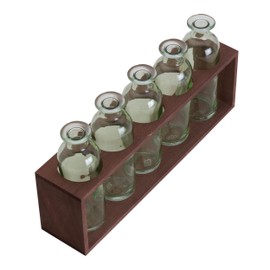 Elements 13.58x2.95x6.3 Inch Decorative Glass Bottles in Wooden Caddy, Includes 5 Green Glass Bottles in Natural Wood Finish Caddy, Brown