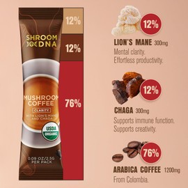 ShroomDNA Mushroom Coffee Blend with Chaga & Lion's Mane | Instant Focus + Clarity All Day | Organic + Vegan + Gluten Free | No Added Sugar | 20 Count