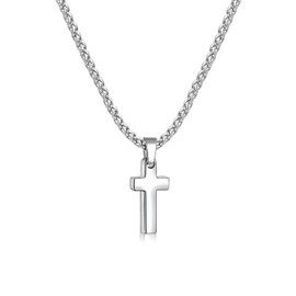 Fiusem Cross Necklace for Men, Silver Tone Mens Cross Necklaces with 2.5mm Chain, Stainless Steel Pendant Tiny, Wheat Chain 16"