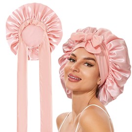 Satin Haarhaube Schlafmütze Silk Bonnet Seide Schlafhaube Sleep Cap Anti-Rutsch Verstellbare mit Elastischem Band für Die Nacht für Damen Mädchen Rosa