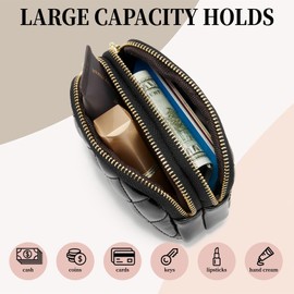 WOZEAH Leather Coin Purse for Women Small 2 Zipper Change Wallet with Key Ring Card Key Coin Cash Holder Pouch(Quilted Black)