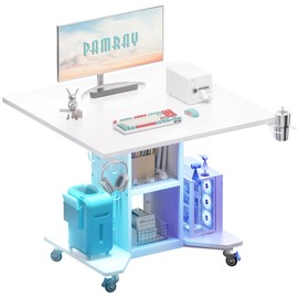 Pamray Small Rolling Gaming Desk with Led Lights Power Outlets and Storage Pegboard, Small Spaces Compact PC Computer Table White