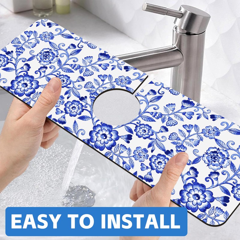 Watercolor Blue Floral Kitchen Sink Splash Guard Mat - Absorbent
